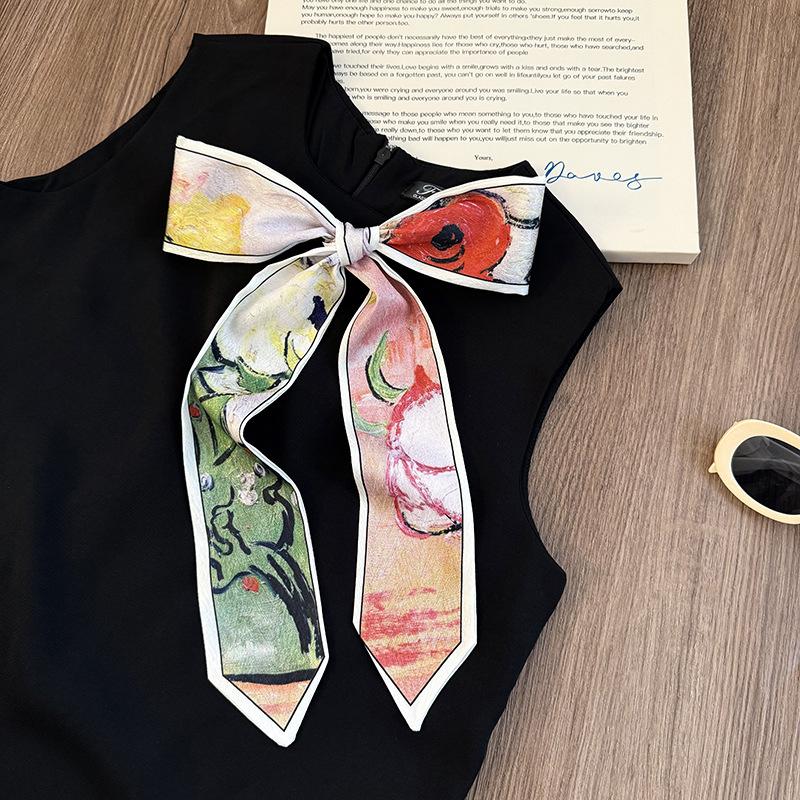 Silk Scarf Long Strip High Sense Spring and Summer Versatile Oil Painting Headscarf Headband Tied Bag Streamer Decorative Scarf Multi-purpose Belt