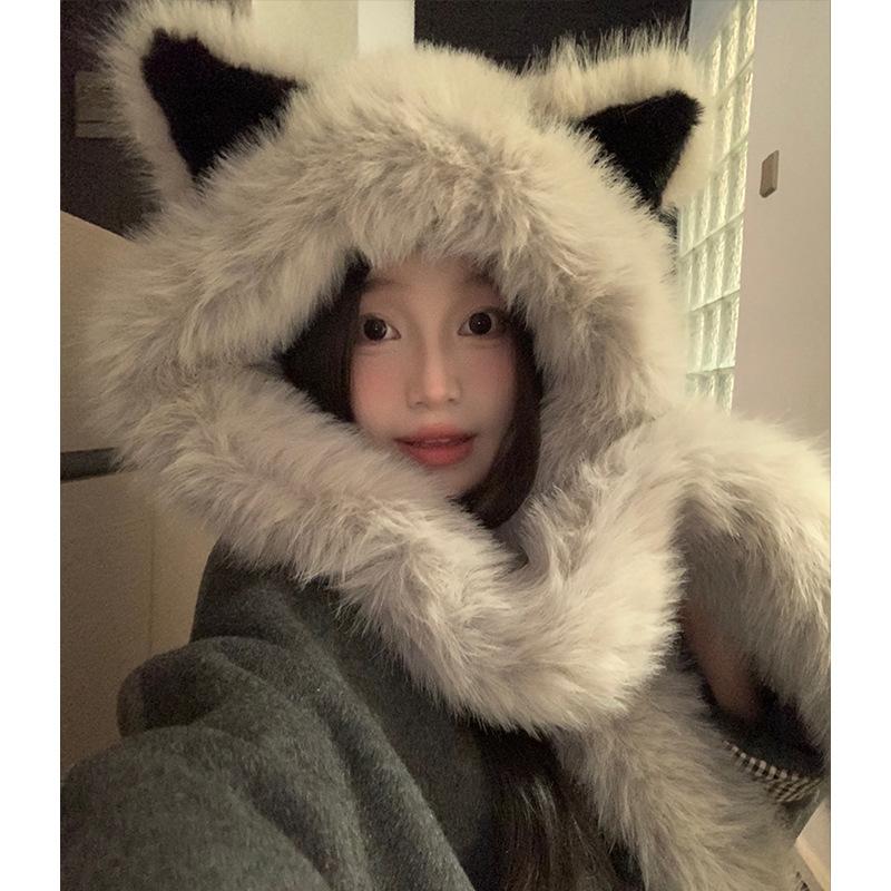 Soft Plush Beanie Hat Scarf Winter Warm Scarf Set Hooded Creative Integrated Cap Scarf