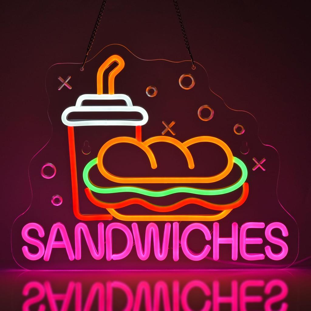 Burger and Sandwich Neon Sign Hamburger Shop LED Neon Light Fast Food Business Signs for Restaurant Kitchen Party Dimmable Light