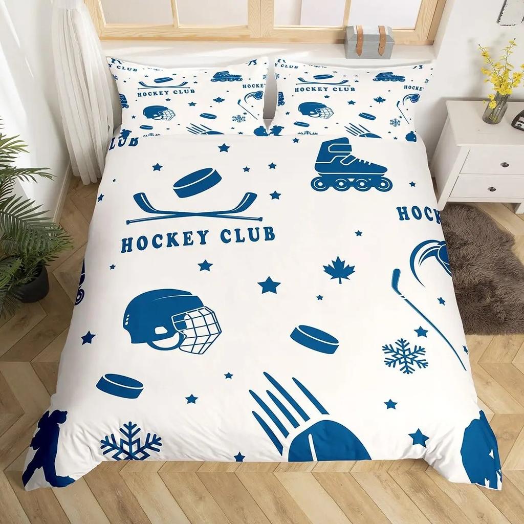 Ice Hockey Duvet Cover Helmet Skates Comforter Cover Winter Ice Sports Games Bedding Set for Boys Puck Hockey Player Quilt Cover