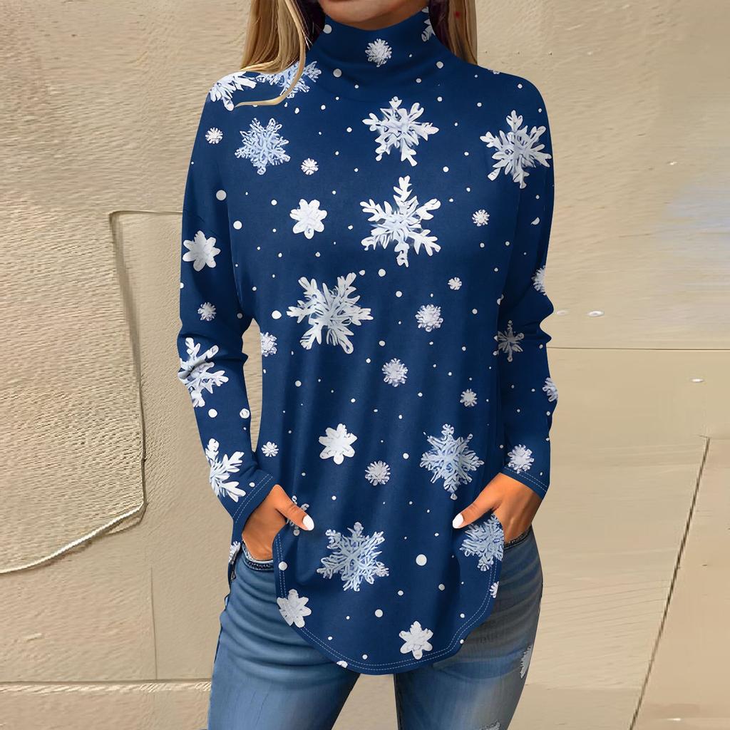 Футболки для женщин, осенние повседневные рубашки с длинными рукавами, толстовка с винтажным принтом, топ с высоким воротом, пуловер