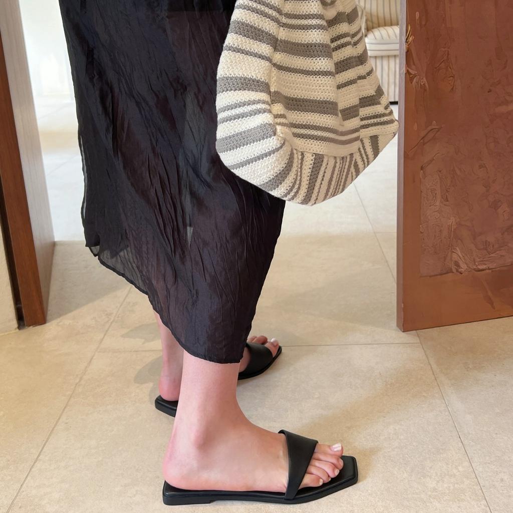 Genuine Leather Niche Irregular Upper Design Flat Bottom Small Square Head One Word Cool Slippers Women's Wear 2025 Summer New