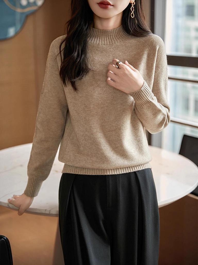 Женский очень толстый бесшовный вязаный свитер - Цельный, с полувысоким воротником, длинным рукавом, свободного кроя, облегающий базовый слой, дизайн 2025