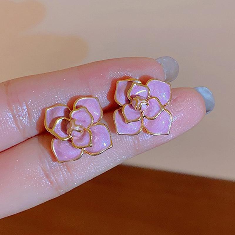 Purple Enamel Oil Flower Stud Earrings for Women Elegant Blooming Gardenia Flowers Earrings Wedding Party Sweet Jewelry Gift