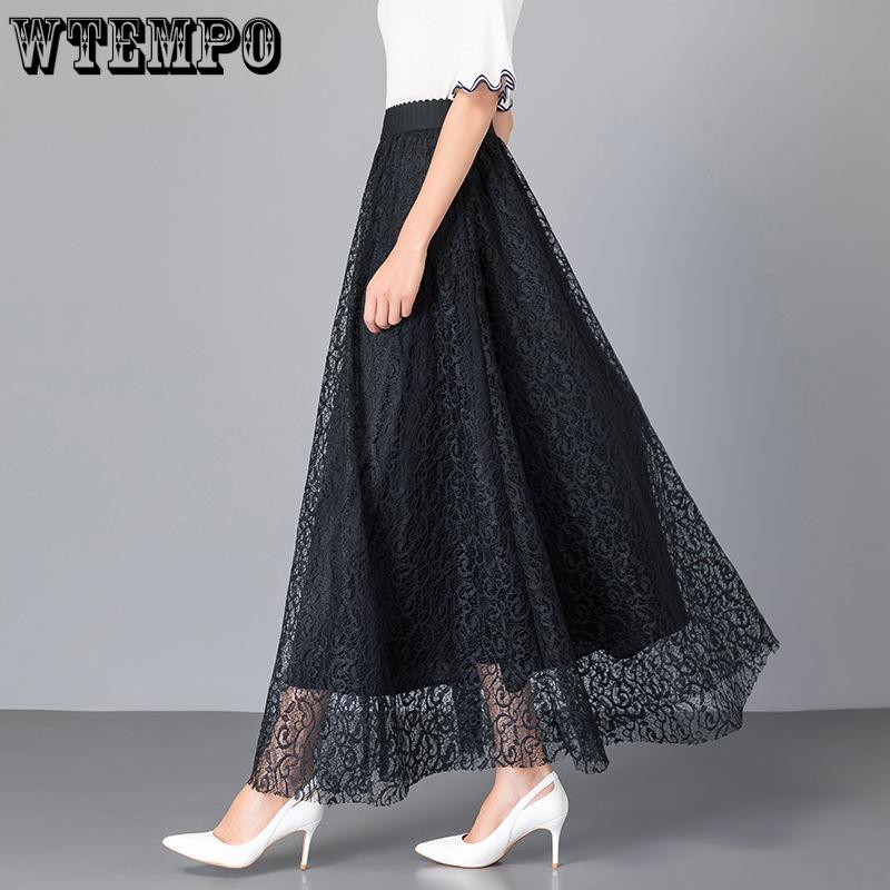 Женская весенняя элегантная кружевная эластичная полуюбка с высокой талией, темпераментная универсальная однотонная длинная юбка трапециевидной формы с большим подолом