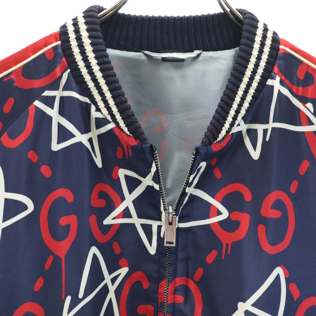 Gucci 16AW Итальянская смесовая ткань Rayon Принт Ghost по всей поверхности Куртка-бомбер 50 Темно-синий Мужская Б/У