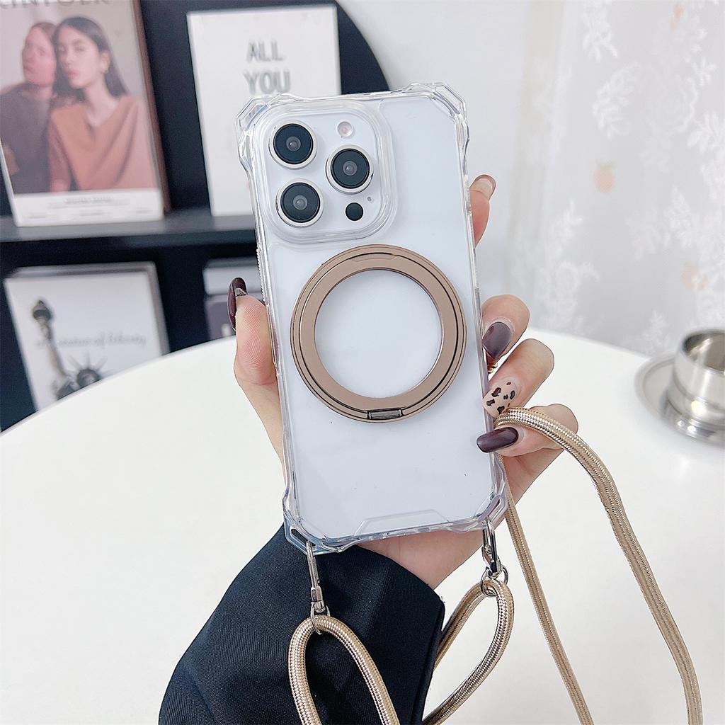 For iPhone 15 Pro Magnetic Case Ring Kickstand TPU+PC Phone Cover with Lanyard