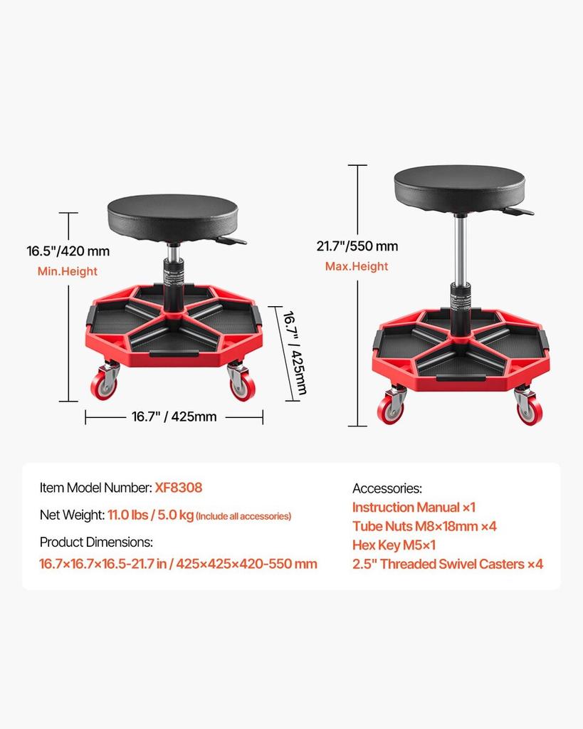 Rolling Mechanic Stool Adjustable Garage Seat 300 lbs Load with Wheels