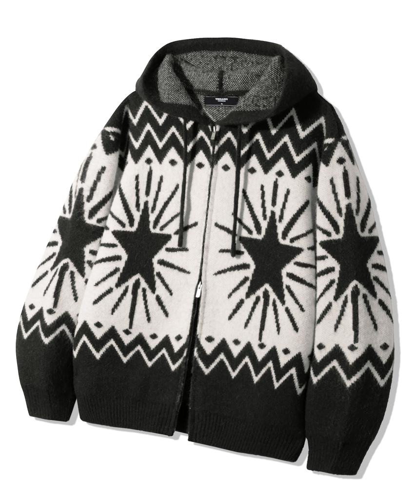 TRILLION Washable Wool Star Nordic Hooded Zip-Up Knit_Black