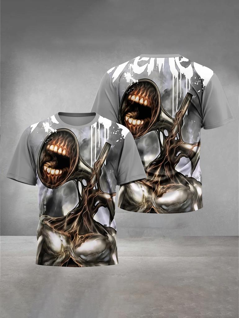 S-shaped Sea Monster H-shaped Head 3D Printed T-shirt for Summer Outdoor Casual Short Sleeved Clothing Men's Fashionable Street Round Neck Top