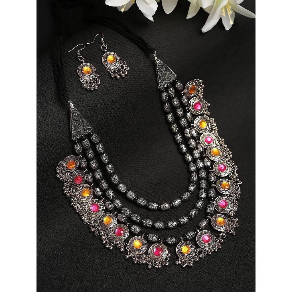 YouBella модный комплект украшений для женщин, антикварное оксидированное посеребренное ожерелье, этнические украшения, ожерелье, серьги, набор для женщин и девочек