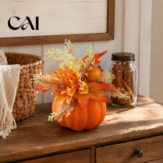 Festive Party Table Decorations Fall Pumpkin Ornament, Artificial Foam with Flower, Maple Plastic Leaves, Berry for Autumn Harvest Thanksgiving