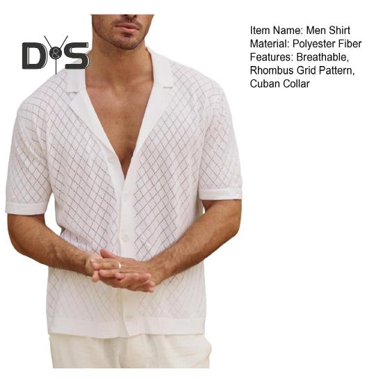 Мужская жаккардовая трикотажная рубашка с коротким рукавом, застегивающаяся на пуговицы, с кубинским воротником, узором в виде ромба, повседневная рубашка для повседневной носки, вечеринок, путешествий