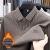 Men's Winter Striped Knitted Sweater - Faux Two-Piece with Turn-Down Collar, Fleece Lined
