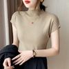 Summer New Knitted Solid Casual Shirts Women Short Sleeve Tops Slim Fit Half High Neck Loose Blouse Women Elegant Fashion Office Ladies Blouses 26264