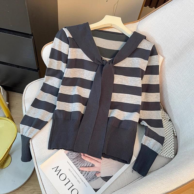 This Stylish Navy Collar, Color-blocking Striped Long-sleeved Knitted Sweater Is A Versatile Top for Women To Look Younger and Slimmer In Autumn