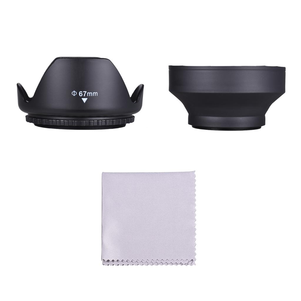 67mm Lens Hood Set with Tulip Flower Lens Hood + Collapsible Rubber Lens Hood + Lens Cleaning Cloth