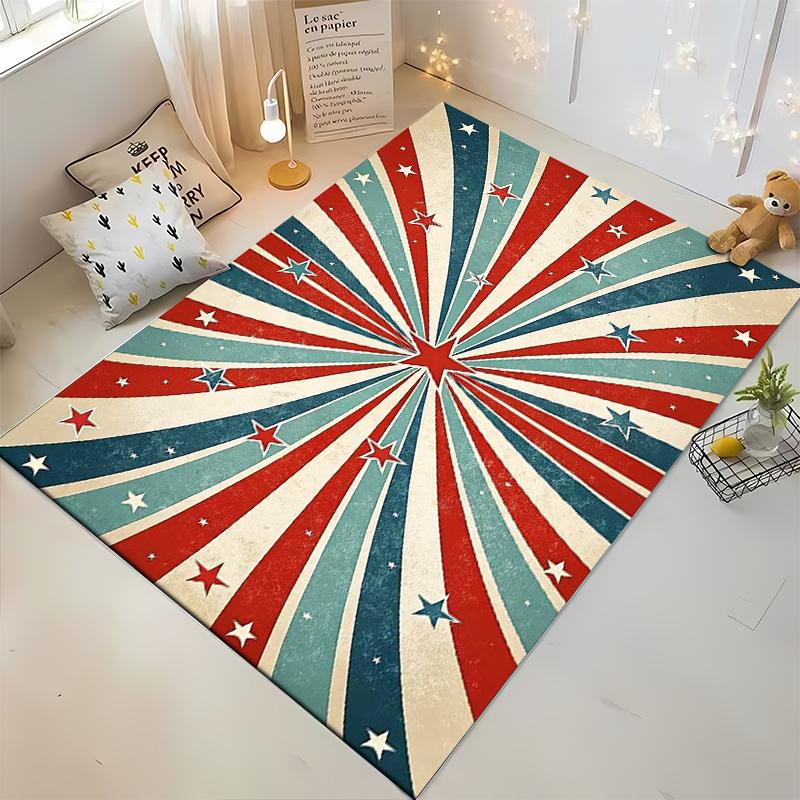 Retro Starburst Pattern Rug in Red, Blue & White Non-slip rug suitable for living room and bedroom sofas