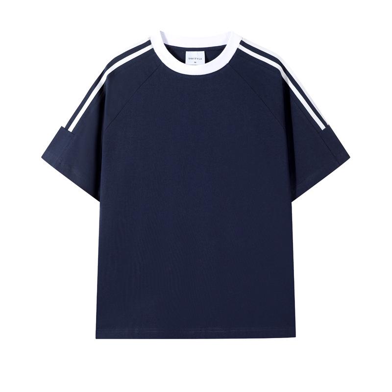 Футболка унисекс из плотного хлопка, однотонная, в американском спортивном стиле, с коротким рукавом и лентой из трех полос, летняя одежда