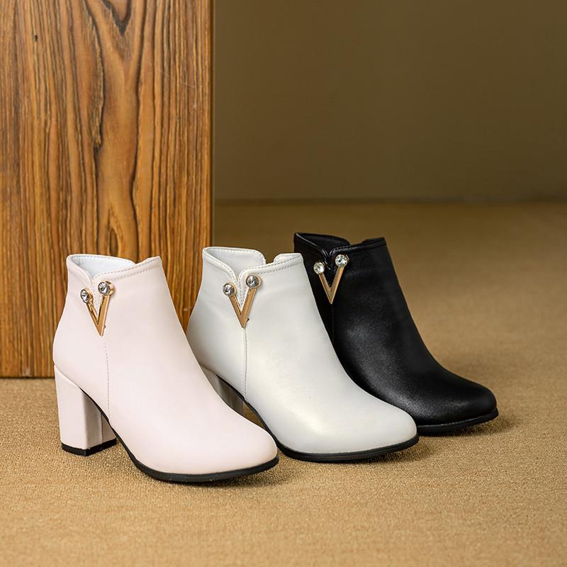 Женские короткие сапоги на высоком каблуке осенне-зимние классические однотонные универсальные сапоги на толстом каблуке большого размера