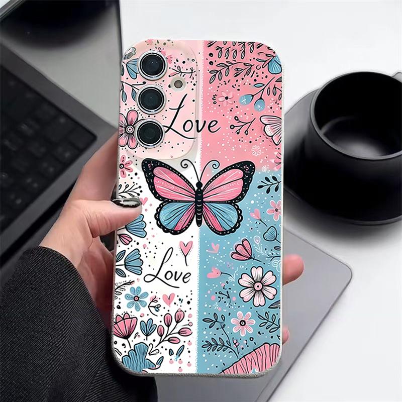 Чехол с цветочным рисунком в виде бабочек и голубых роз для Samsung S26 S25 S24 Ultra S23 S22 S21 FE A15 A16 A17 A26 A35 A36 A37 A54 A55 A56 A57 5G с текстурой кожи.