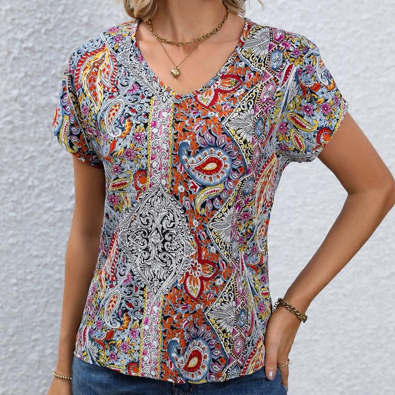 Богемная летняя женская блузка с принтом в стиле ретро, ​​повседневные топы, элегантные пляжные свободные рубашки с коротким рукавом для женщин, модные праздничные женские блузки 24482