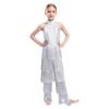 Girls Halter Sleeveless Backless Sequin Tiered Tassel Dance Jumpsuit Cha cha Latin Costume