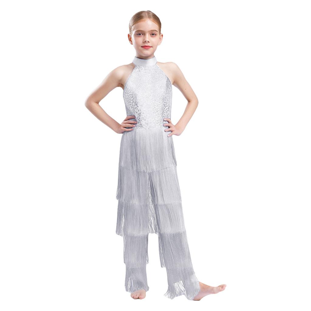 Girls Halter Sleeveless Backless Sequin Tiered Tassel Dance Jumpsuit Cha cha Latin Costume