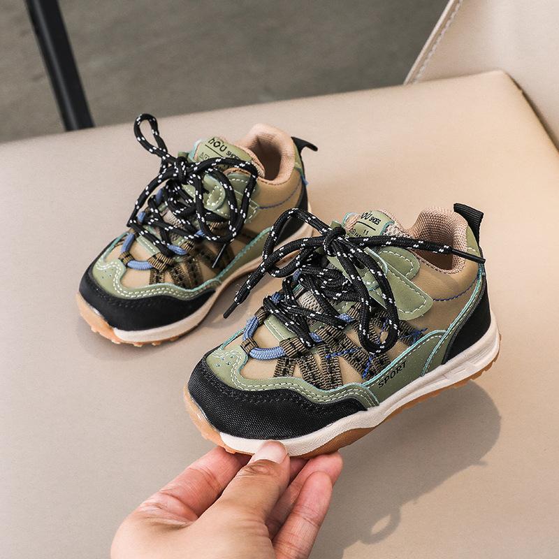 Spring Kids Leather Chunky Sneakers 1-6 Years Breathable Spliced Toe Cap Sports Shoes For Boys And Girls Casual Walkers