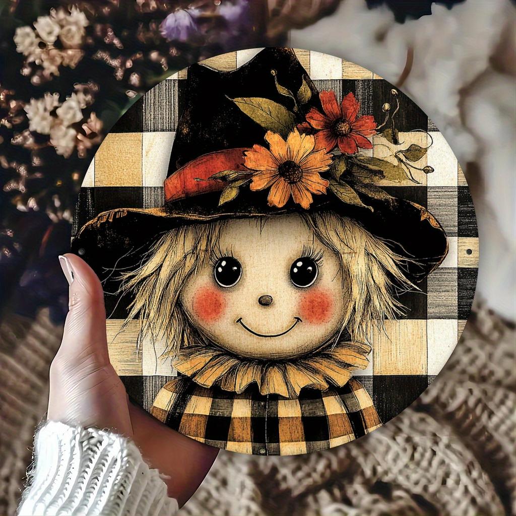 Scarecrow Outdoor Round Metal Sign Perfect for FallThanksgiving Decor Ideal for HomeCafeand Restaurant IndoorOutdoor Use