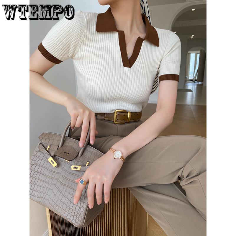 WTEMPO Women's Polo Collar Short Sleeve Fashion T-Shirts Slim Knitted Tees Skinny Casual Lady Solid Summer Tank Tops