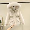 Big fur collar hooded pie overcomes women's autumn and winter drawstring waist pocket thermal cotton clothes