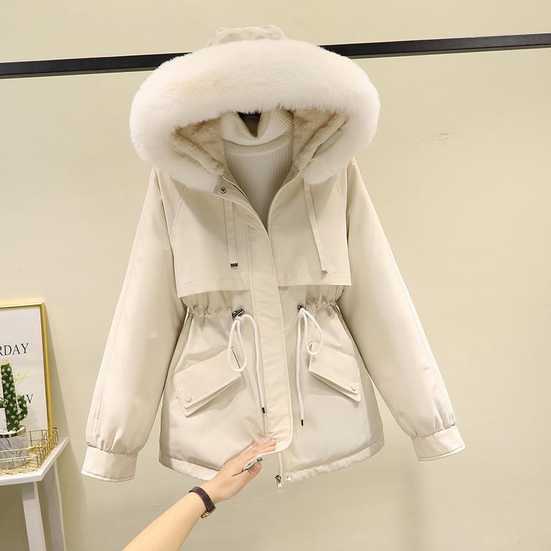 Big fur collar hooded pie overcomes women's autumn and winter drawstring waist pocket thermal cotton clothes