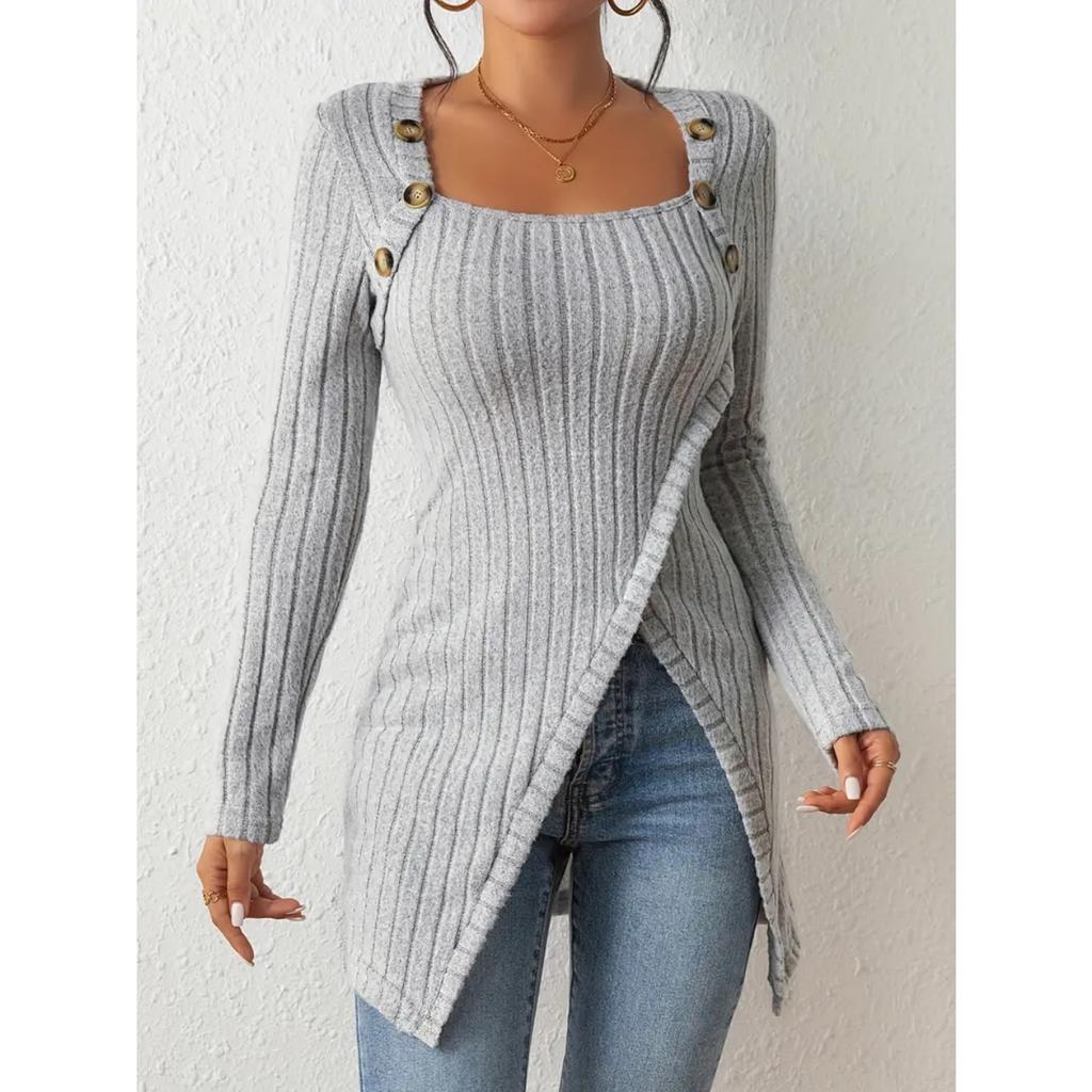 Женские модные топы, трикотажные, с пуговицами, U-образным вырезом, длинными рукавами, высоким боковым разрезом, прямой пуловер, универсальная повседневная футболка