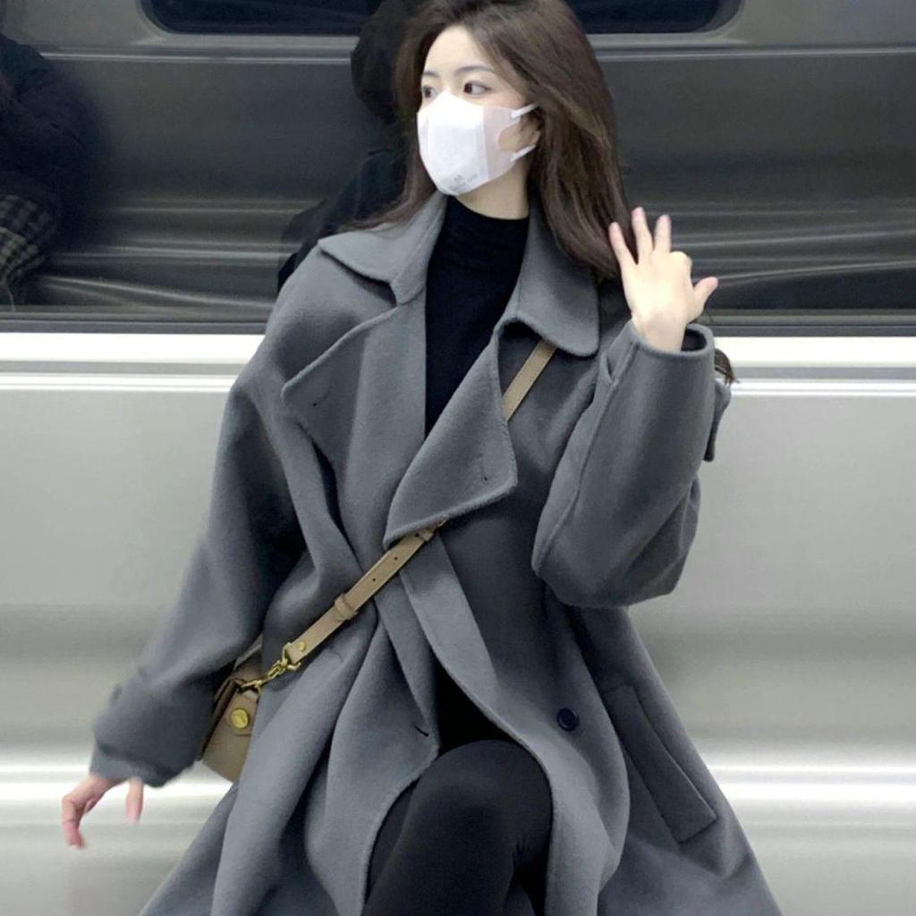2025 Autumn/Winter Women's Gray Wool Coat - Petite Korean Hepburn Style