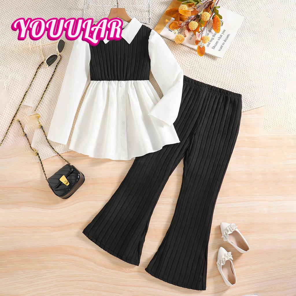 2025 Girls' Autumn Outfit Set Patchwork Fake Two-Piece Top + Stylish Flared Pants 2-Piece