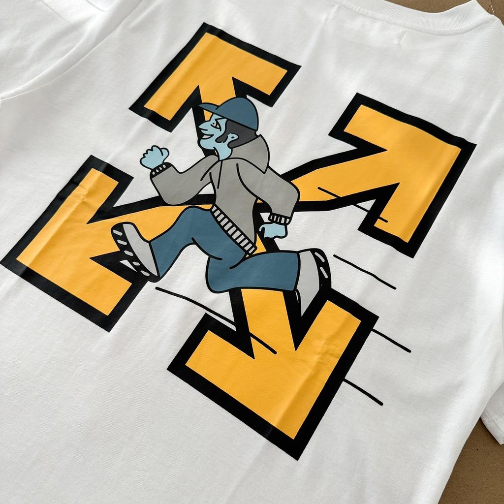 Off-White 2025 Лето Новинка Run Quickly Blue Man Футболка с принтом желтой стрелки и короткими рукавами для мужчин и женщин Парная футболка