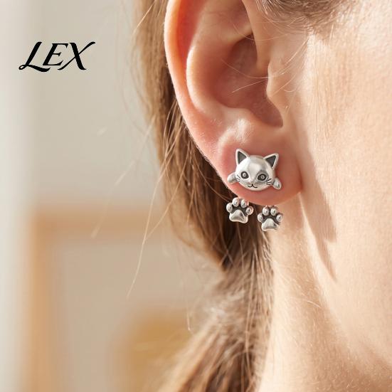 Creative Pet Themed Jewelry 1 Pair Cute Cat Paw Earrings for Women, Vintage Front Back Stud Earrings, Small Kitten Gift Lovers Silver Tone Studs