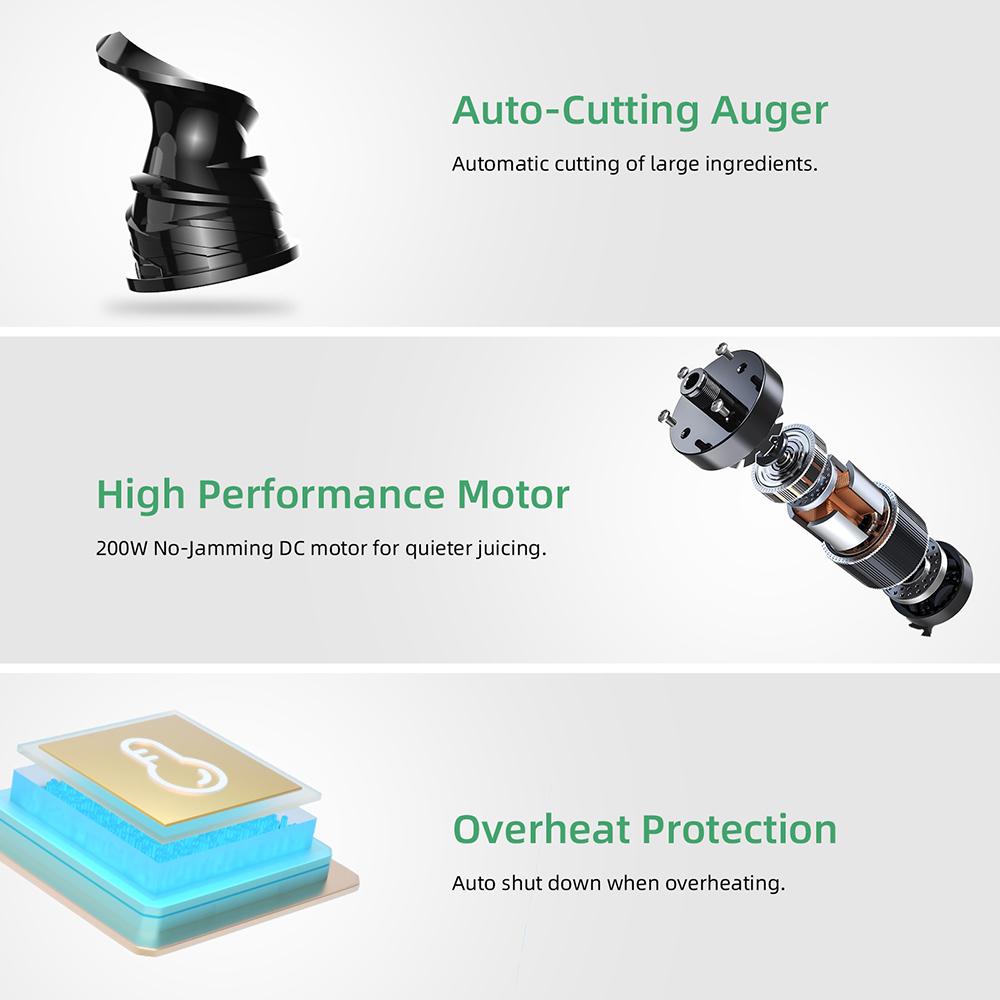 BioloMix Cold Press Juicer, with 78mm/3.07in Feed Chute, 200W 40-65RPM Powerful Motor, Low Noise Slow Masticating Juice Machine