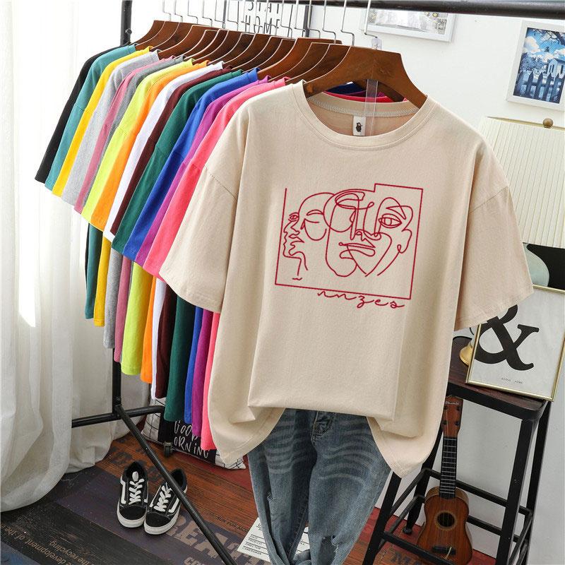 Hirsionsan Fashion Abstract Line Printed T Shirt Women Funny Graphic Soft Loose Female Tees Cotton Summer Casual Tops Khaki Tshirts 2021