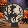Halloween LED Lantern Wooden Desktop Light Witch Pumpkin Spider Cat Designs Silhouette Ornament Spooky Tabletop Home Party Decoration