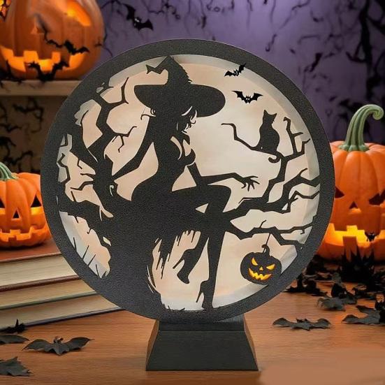 Halloween LED Lantern Wooden Desktop Light Witch Pumpkin Spider Cat Designs Silhouette Ornament Spooky Tabletop Home Party Decoration