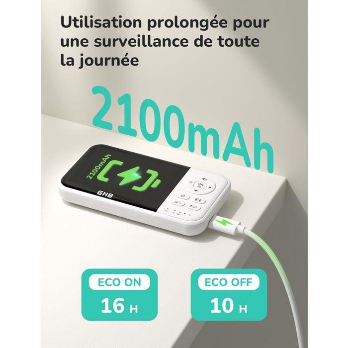 GHB Babyphone Caméra 3,2'' LCD, 2100mAh, Température, Vision Nocturne, Zoom &amp; Audio Bidirectionnel