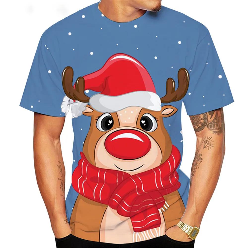 Christmas Elk 3D Print T Shirt For Men X'mas Harajuku Streetwear Fashion O-neck Short Sleeve Tops New Year Gift Oversized T-shirts