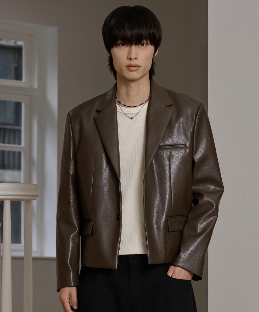 Hyoji 25 Fw Укороченная куртка с 2 пуговицами_Кожа (Дымчатый хаки)