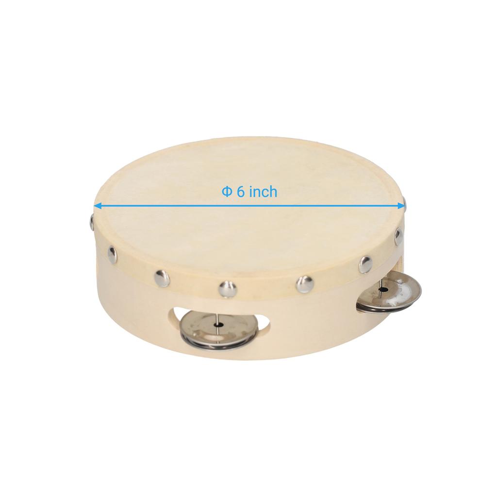 Hand Tambourine with Metal Single Row Jingles Sheepskin Drum Skin Wooden Tambourines