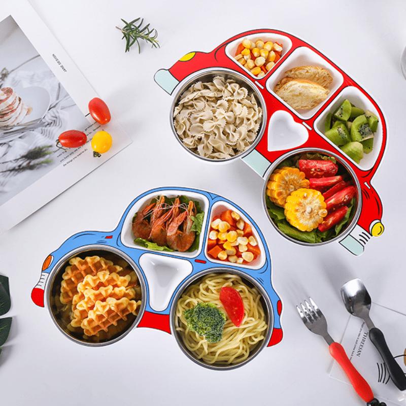 Детский набор посуды из нержавеющей стали с мультяшной машинкой и крышкой - прочная, устойчивая к падениям посуда для использования на улице и дома - включает 1 разделенную тарелку, 2 миски