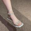 Fashion Square Toe Female Sandal High Heels Women's Shoes Silver Buckle Strap 2025 Summer Girls High-heeled Open New Rhinestone