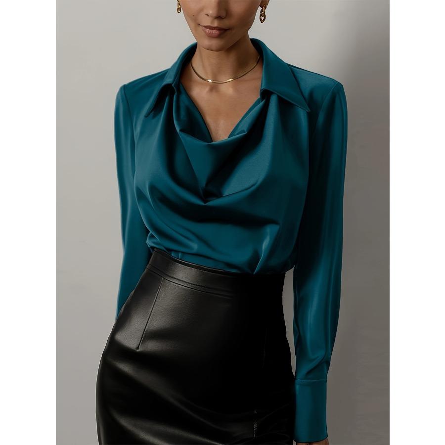 Весна Осень Воротник Начес Элегантные Рубашки Женские Длинные Рукава Однотонные Лацканы Шеи Плиссированные Блузки Топы