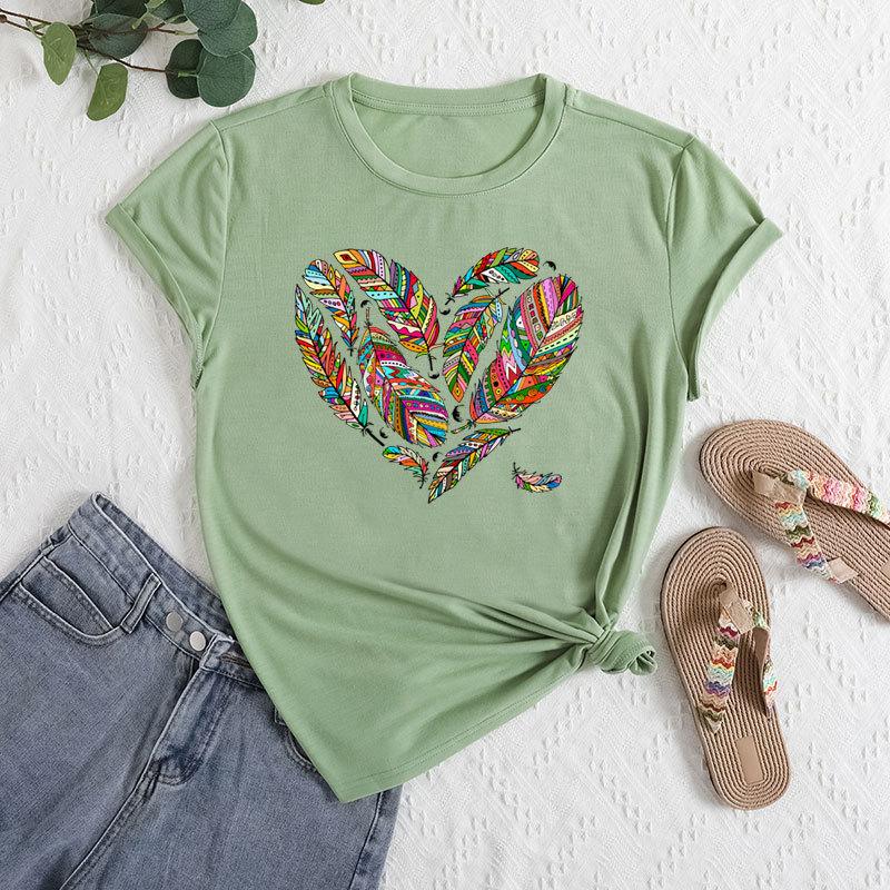 Летние женские футболки больших размеров с принтом в виде перьев и сердец, свободные, с круглым вырезом, повседневные, из чистого хлопка, с короткими рукавами, женские